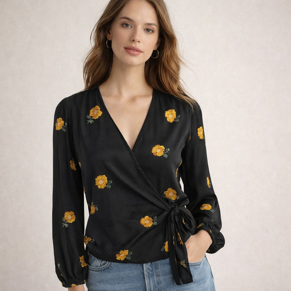 Madewell Tops - Madewell Black Floral Wrap Blouse Romantic Sheer Long Sleeve XS